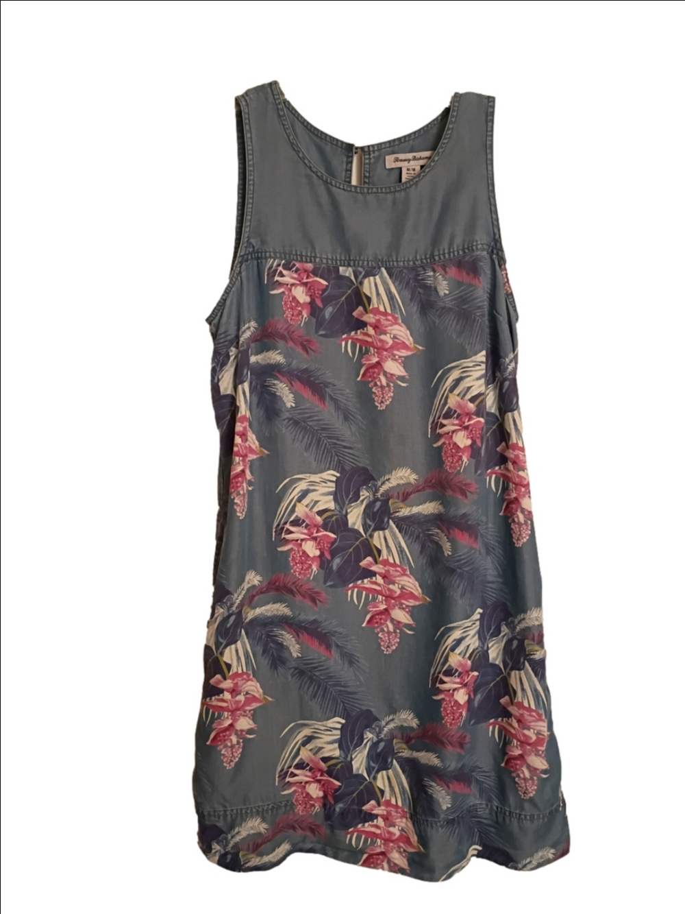 Tommy Bahama Light Blue Tropical Floral Sleeveless Mini  Dress Sz Med Chambray